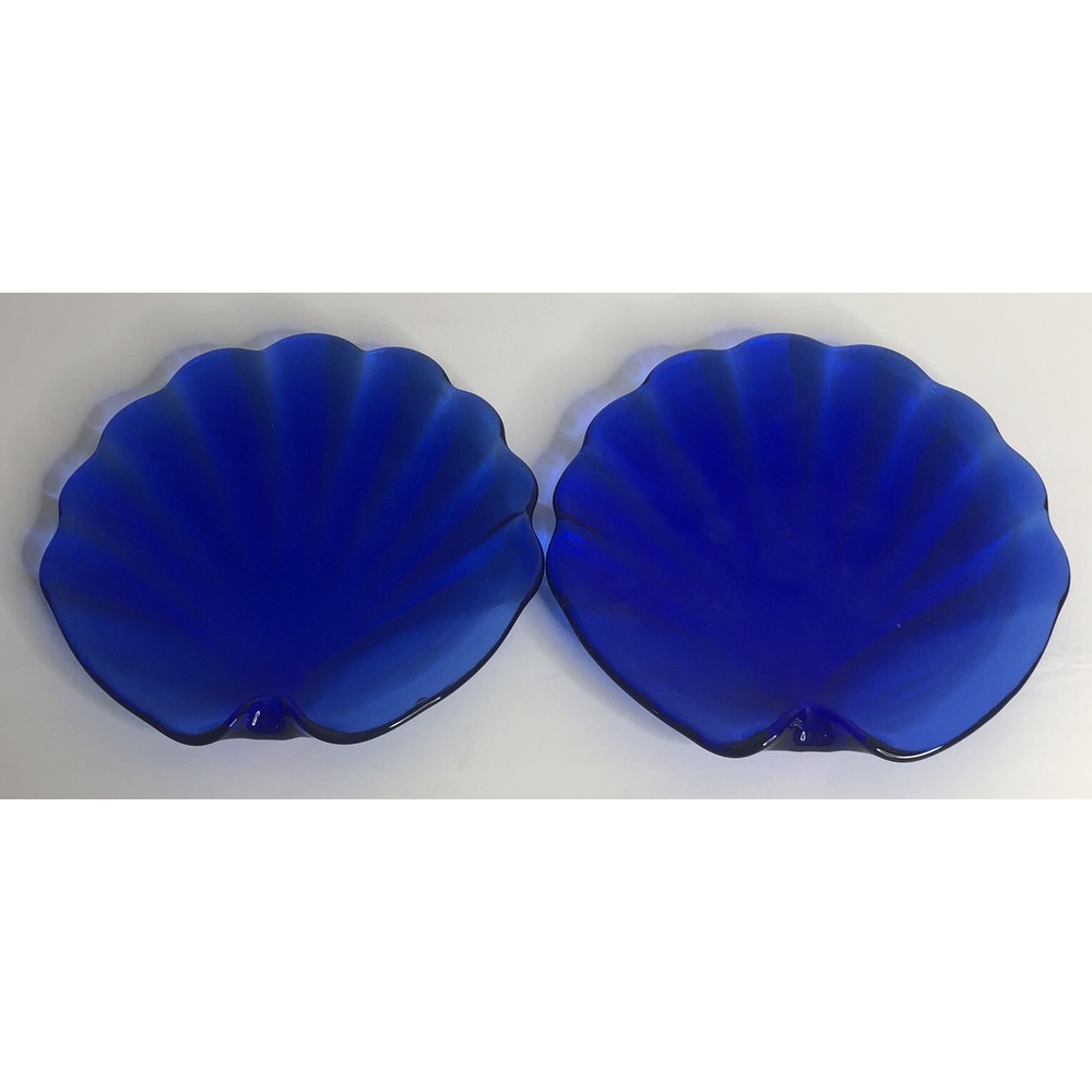 2 Handmade Cobalt Blue Glass Shell Plates Nautical Hand Blown Summer Beach 8.5"